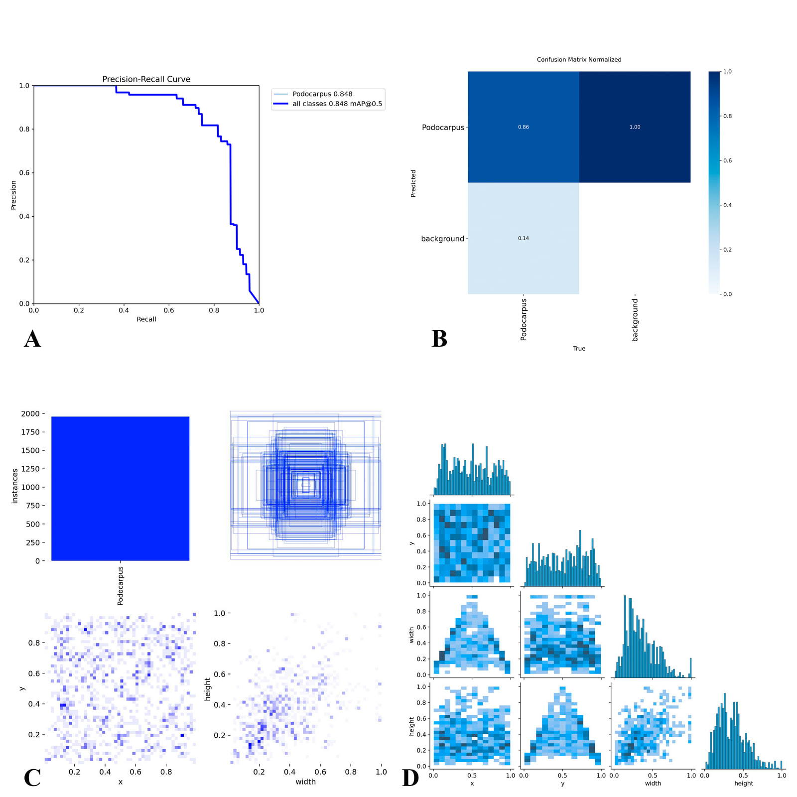 Four-panel performance figure combining a precision–recall curve, a normalized confusion matrix, a plot of bounding-box positions and sizes, and a summary of detection characteristics.